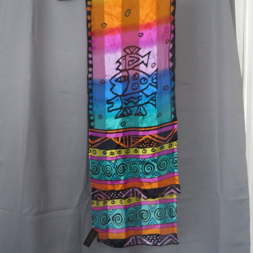 ❤️LAUREL BURCH Abstract Fish Art to Wear 100% Silk Scarf 53x11